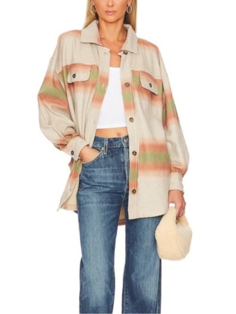 Free People Beige Utility Shirt Jacket with Peach and Sage Stripes